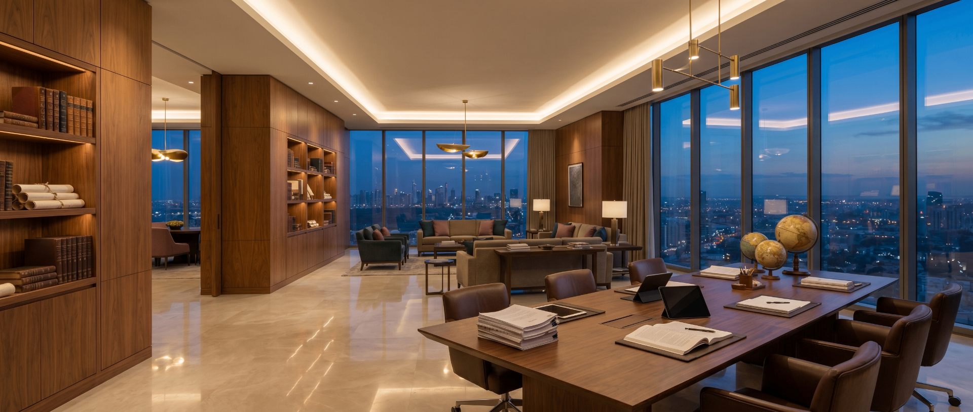 Penthouse executive library with walnut shelving, leather seating and city skyline at dusk