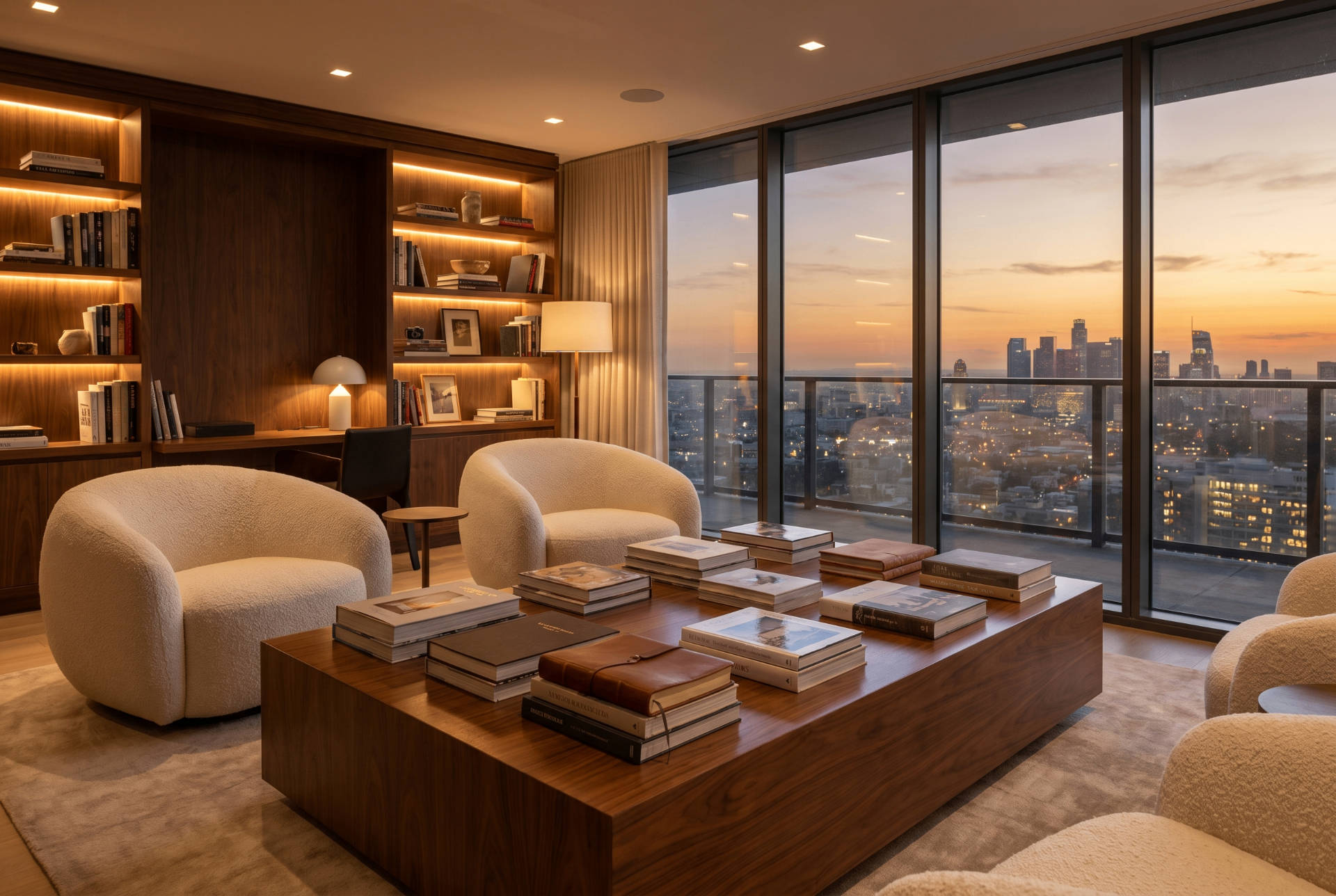 Walnut reading lounge with boucle armchairs, coffee table books and city view at golden hour