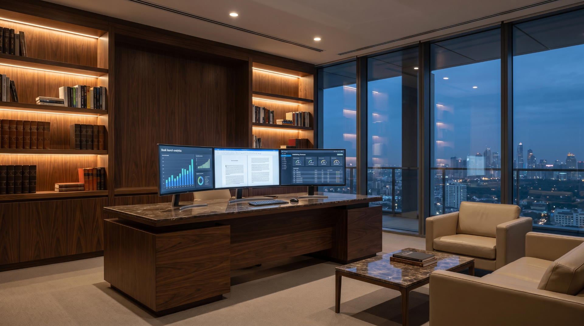Executive walnut office with curved analytics monitors at dusk
