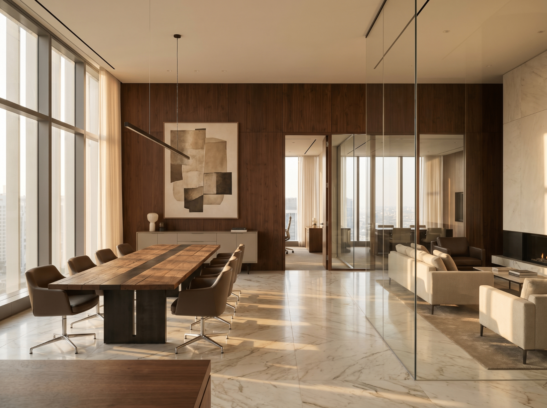 Modern analytics workstation with curved displays at dusk