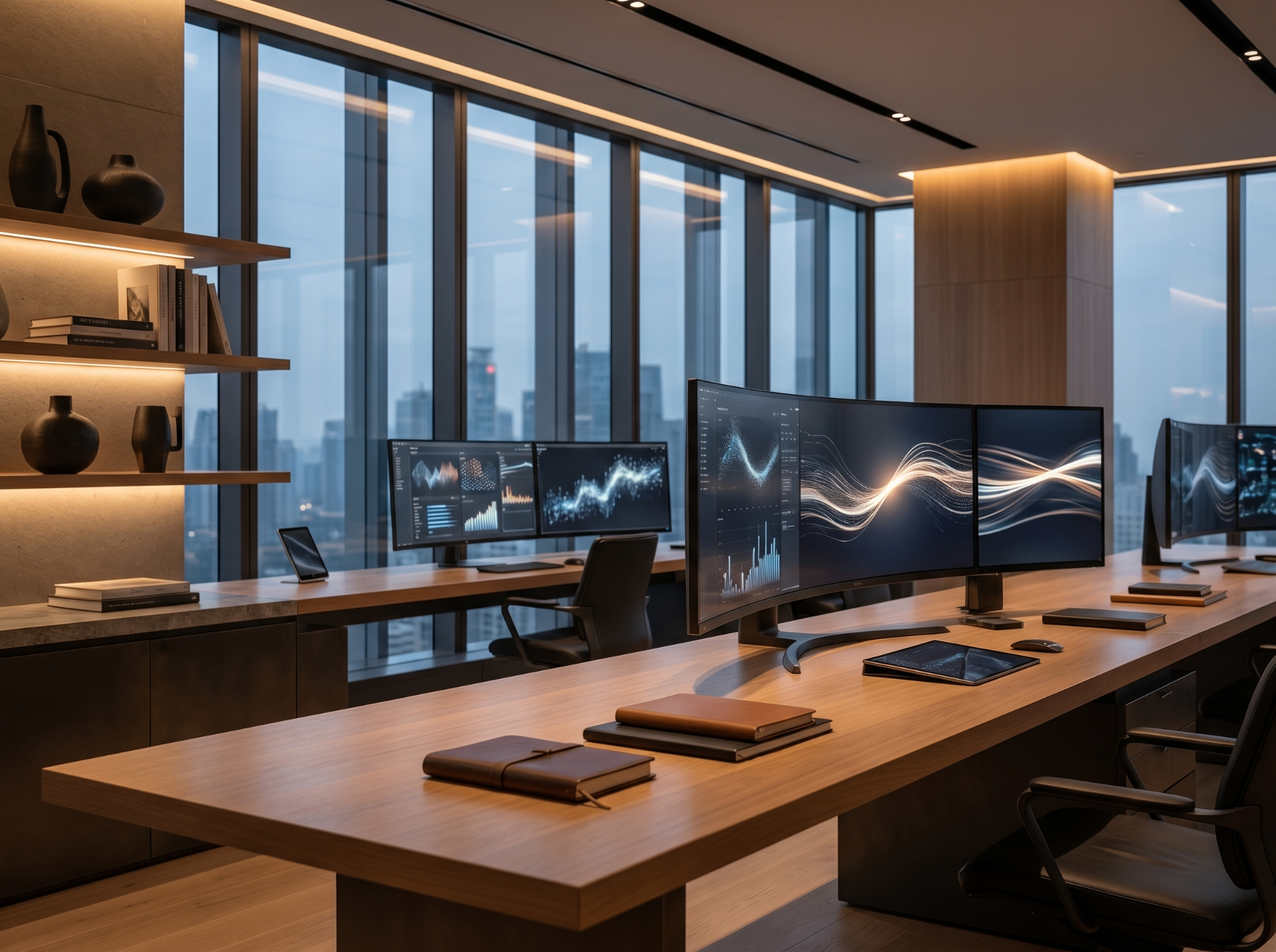 Minimal marble desk with city view at golden hour
