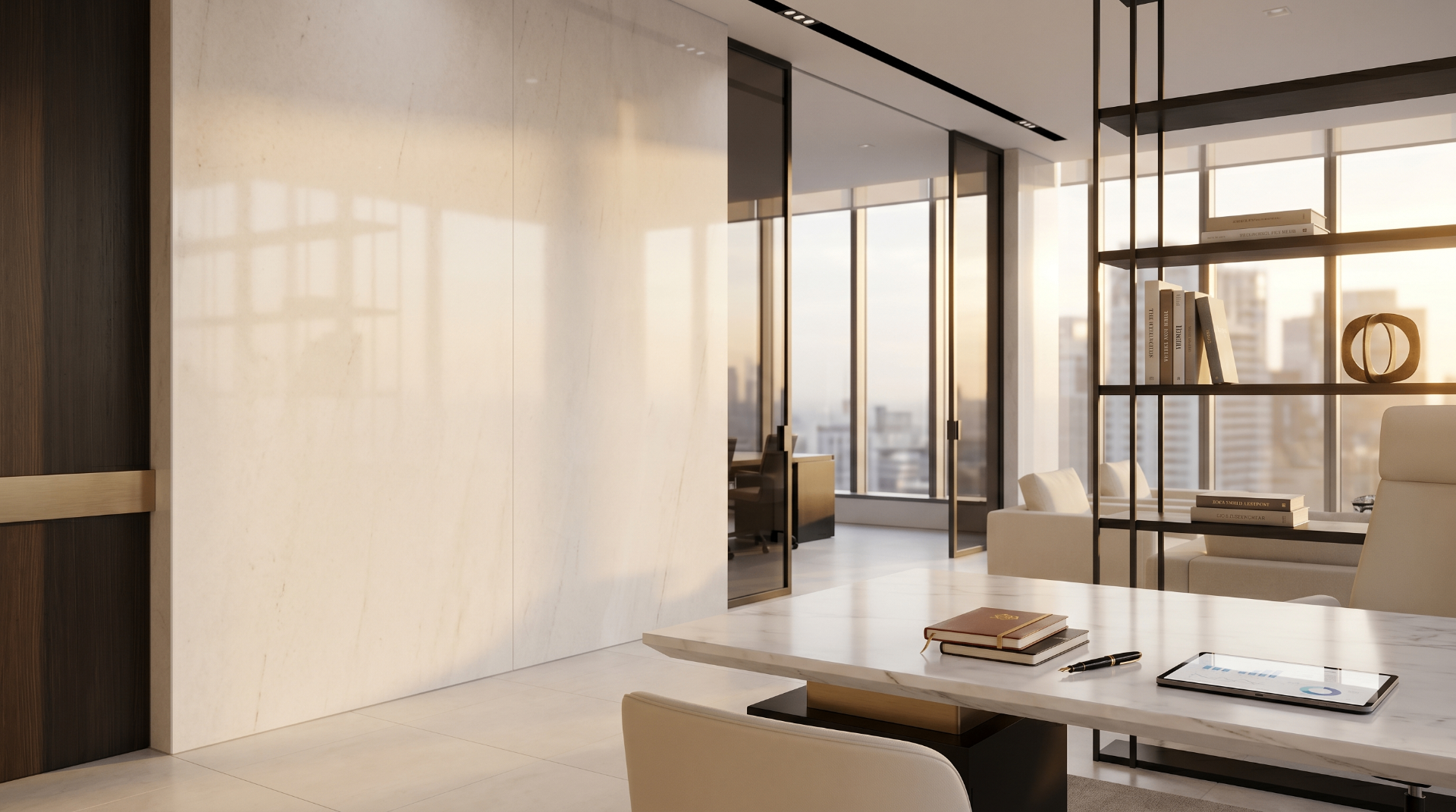 Luxury executive study with walnut shelves and golden light