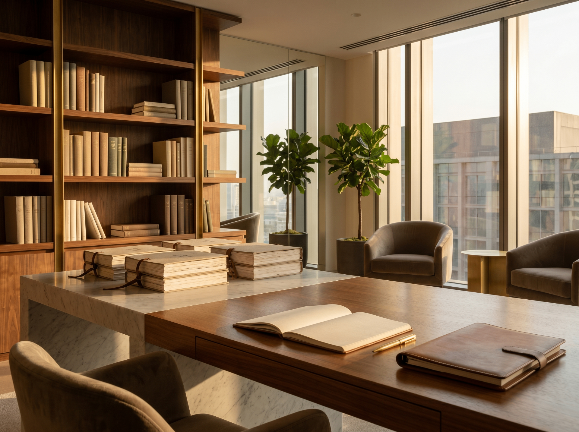 Walnut bookshelf library office with golden afternoon light