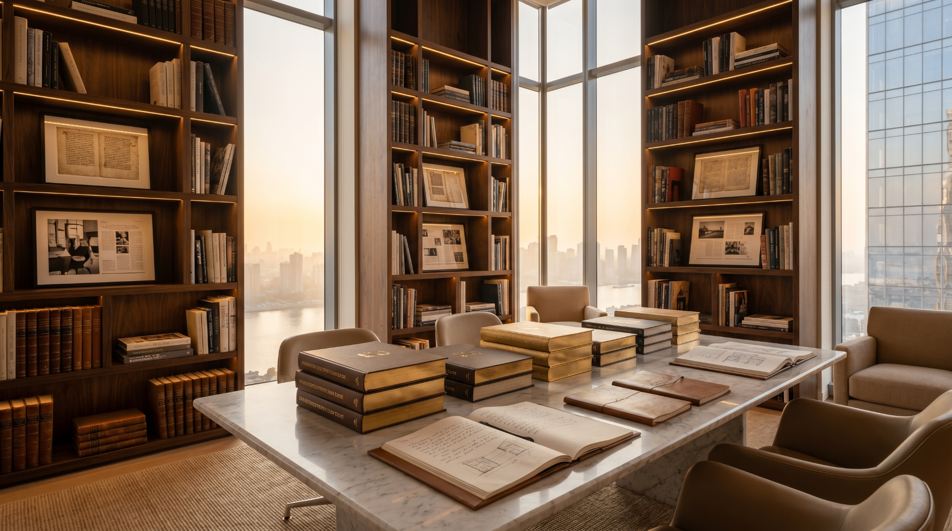 Walnut floor-to-ceiling library archive with marble reading table and city skyline at golden hour