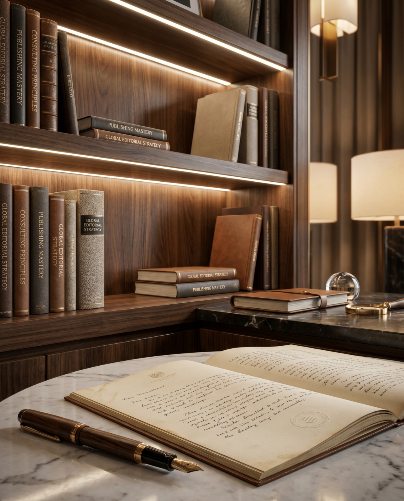 Walnut library shelves with leather-bound editorial volumes and handwritten manuscript