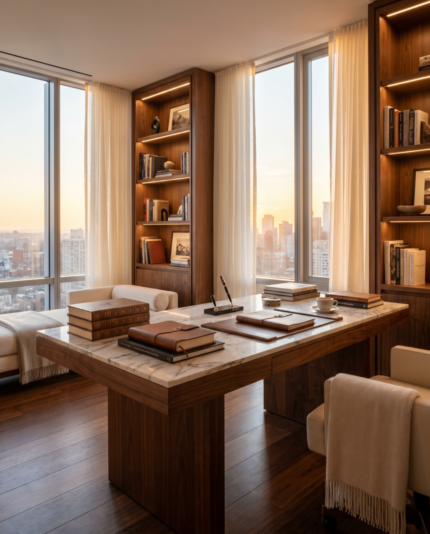 Walnut writing desk with marble top, leather journals and city skyline at golden hour